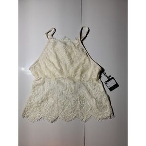 Me Moi Lace Halter Top Women's Large Ivory Sleeveless Semi-Sheer Blouse